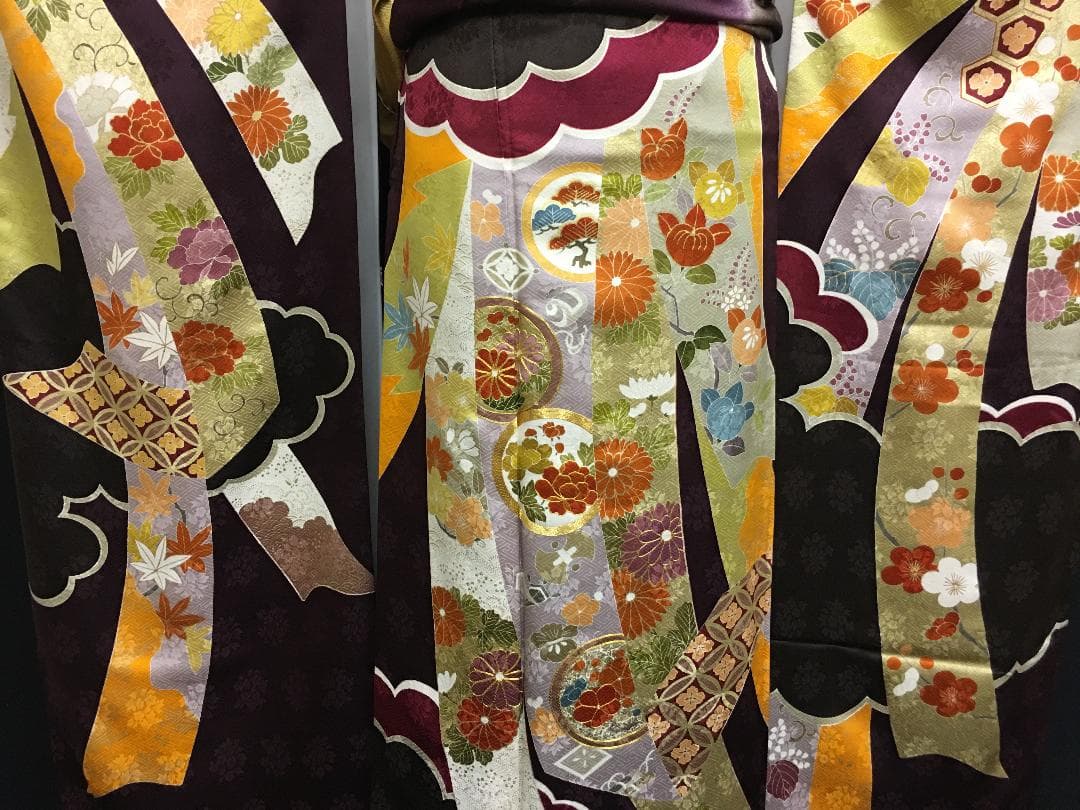 京友禅 深紫 熨斗柄雲取 振袖 毬柄佐賀錦袋帯フルセット