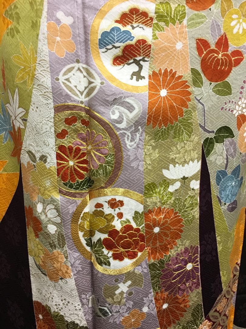 京友禅 深紫 熨斗柄雲取 振袖 毬柄佐賀錦袋帯フルセット