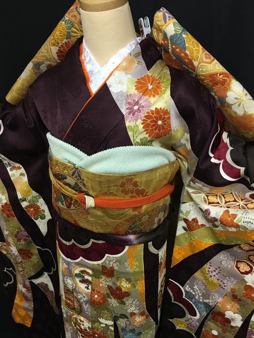 京友禅 深紫 熨斗柄雲取 振袖 毬柄佐賀錦袋帯フルセット