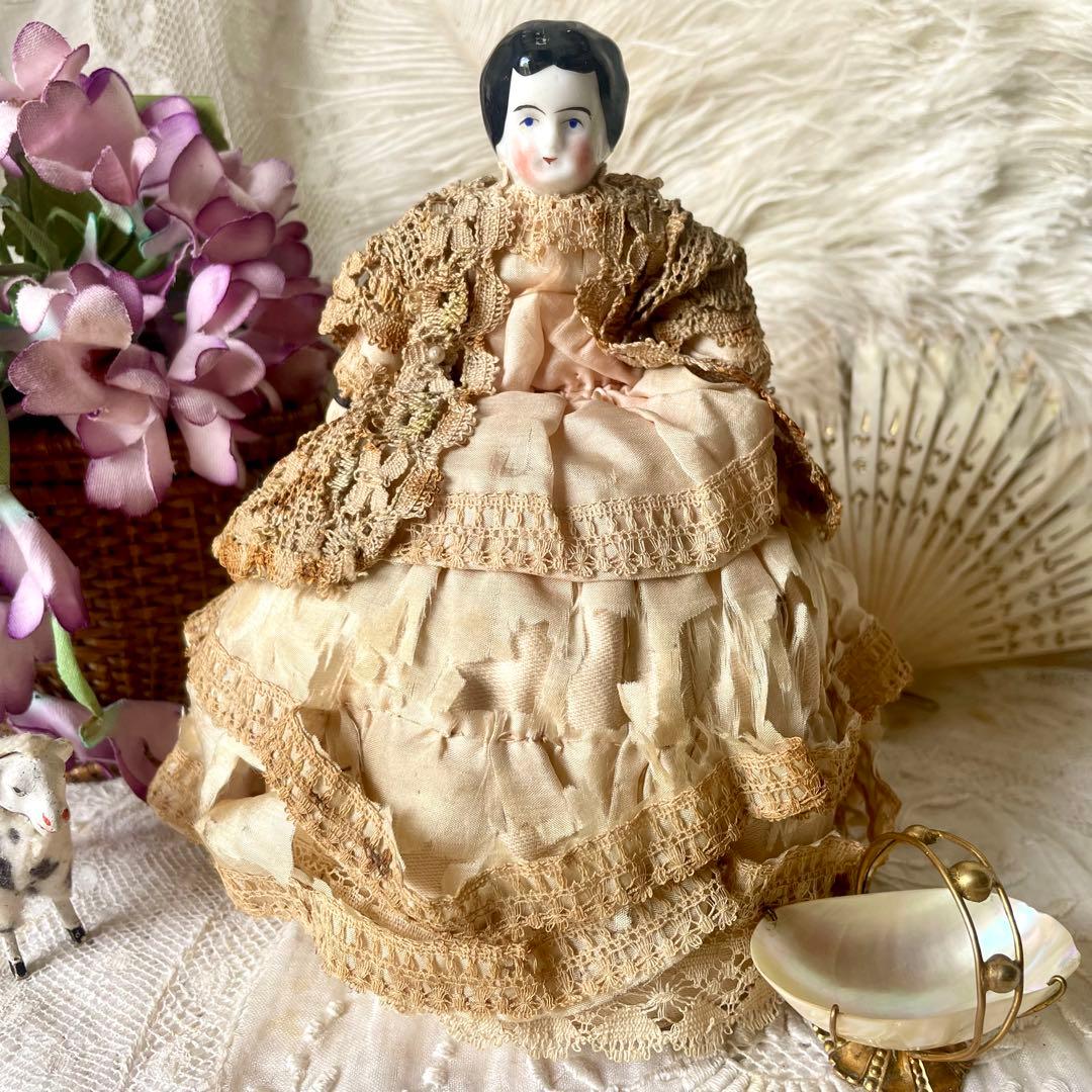 シャビーなチャイナヘッドドール　ピンクッション　陶器人形　フランスアンティーク