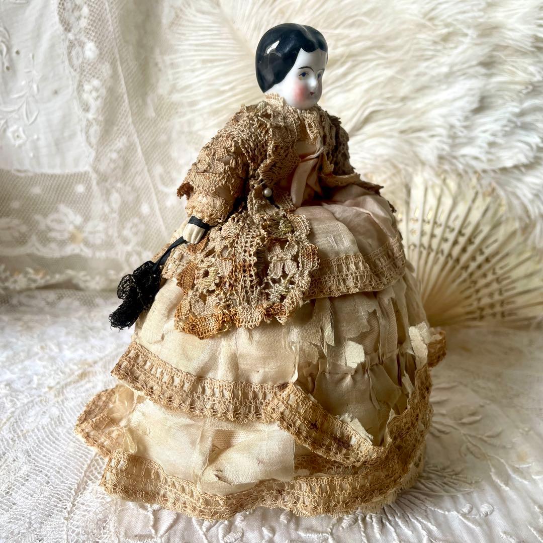 シャビーなチャイナヘッドドール　ピンクッション　陶器人形　フランスアンティーク