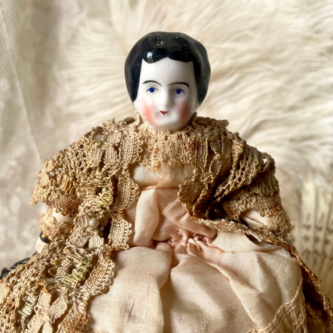 シャビーなチャイナヘッドドール　ピンクッション　陶器人形　フランスアンティーク