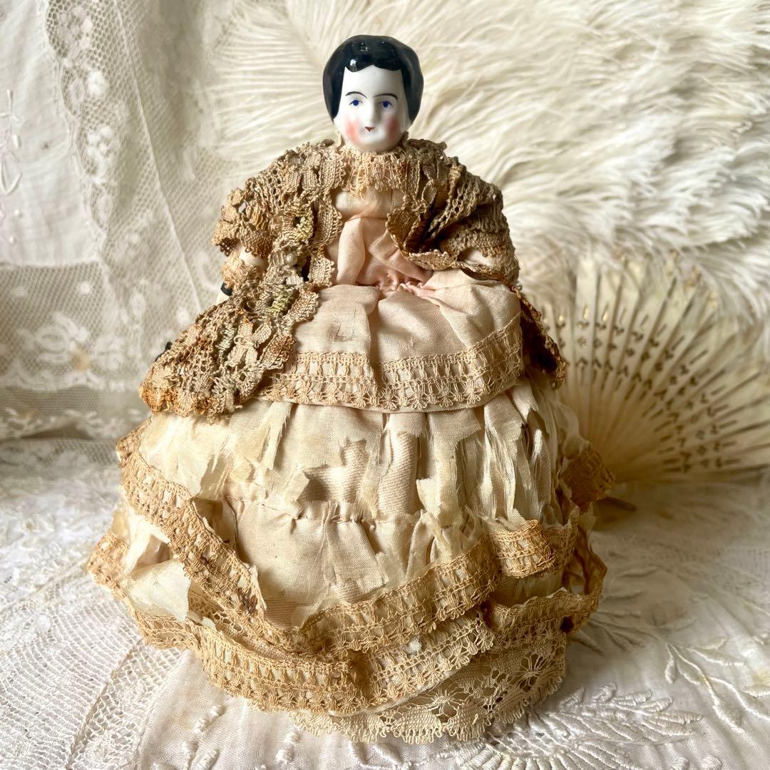 シャビーなチャイナヘッドドール　ピンクッション　陶器人形　フランスアンティーク