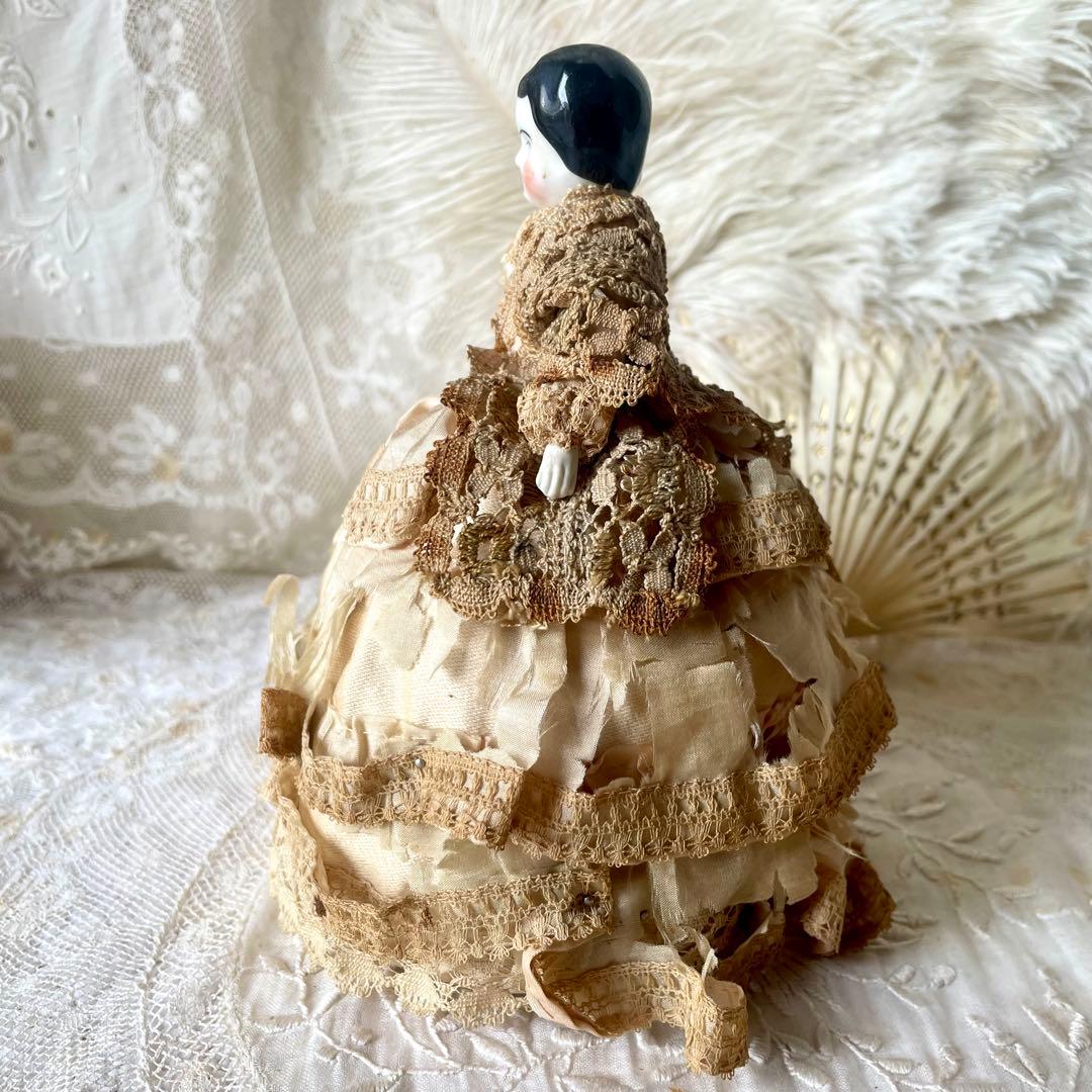 シャビーなチャイナヘッドドール　ピンクッション　陶器人形　フランスアンティーク