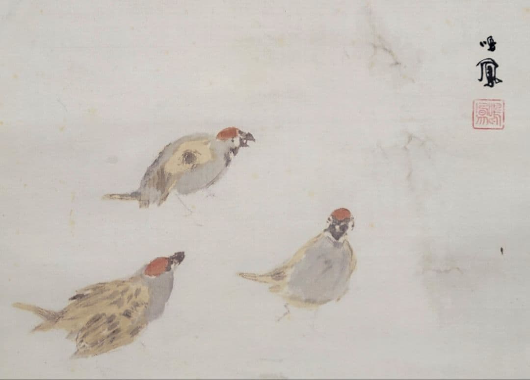 竹内鳴鳳　雀　掛け軸　合わせ箱　竹内栖鳳の息子　書画、骨董品、美術品