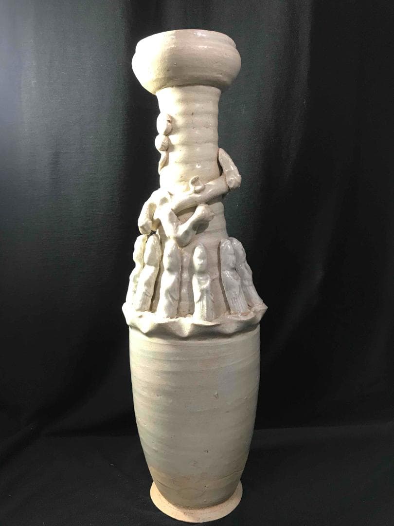 漢時代　白磁貼塑人佣龍文魂大瓶　花瓶　唐物　古賞物　時代物(D-42)