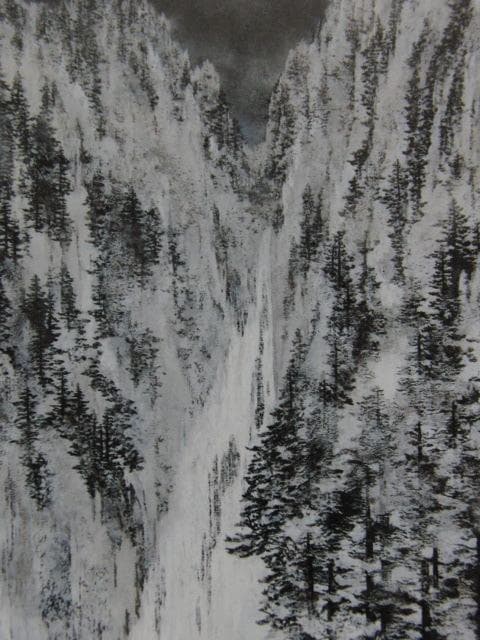 由里本出、【層雲凍瀑】、希少な額装用画集画、新品高級額 額装付