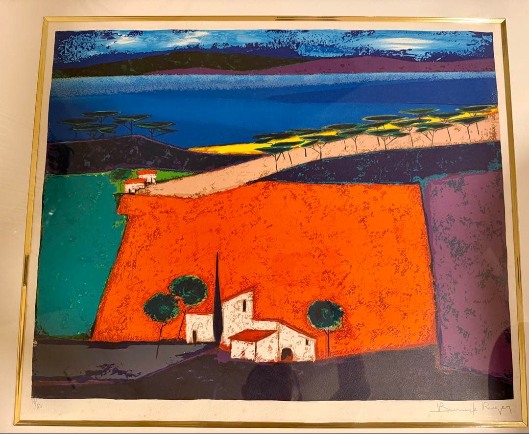 ロジェ・ボナフェ「青い松林」リトグラフ 直筆サイン入り 額装 #188