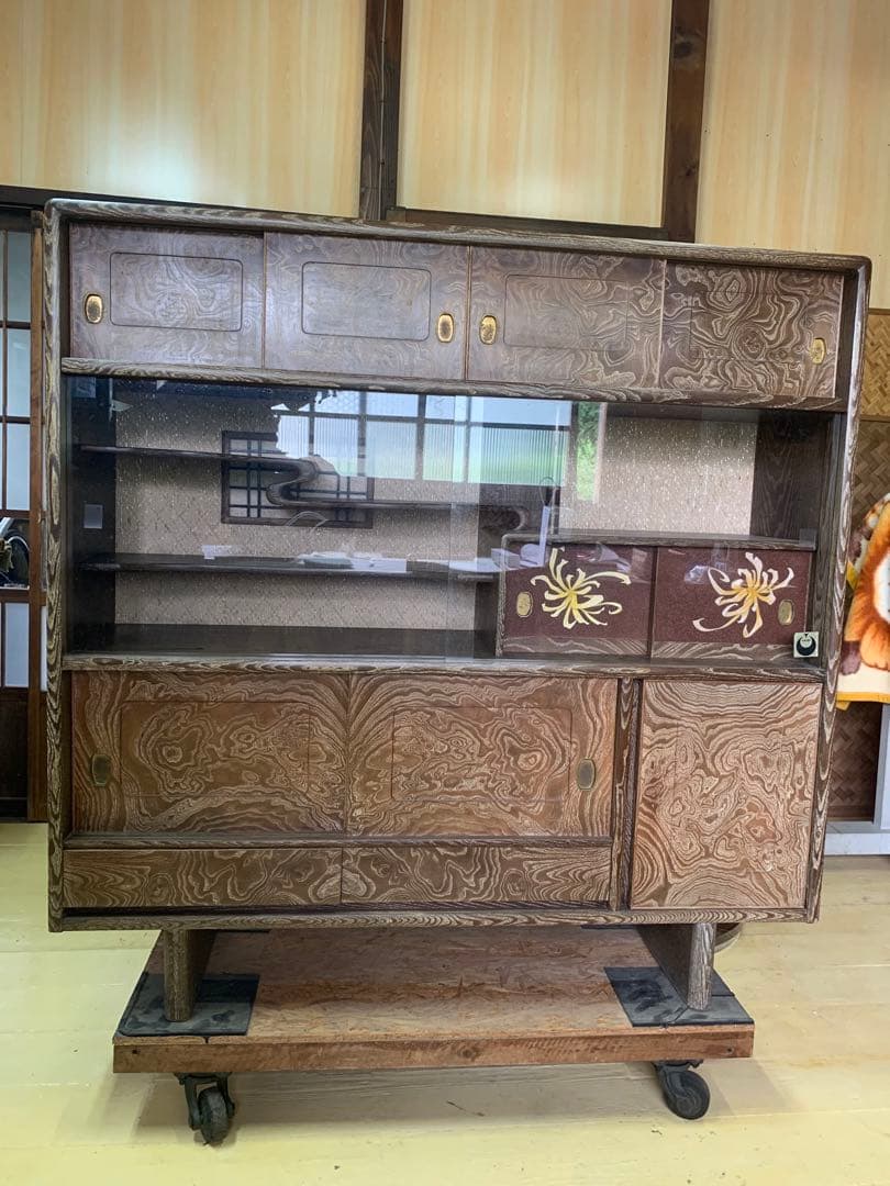 しい木目の昭和レトロ茶箪笥　和家具　木製　一体型