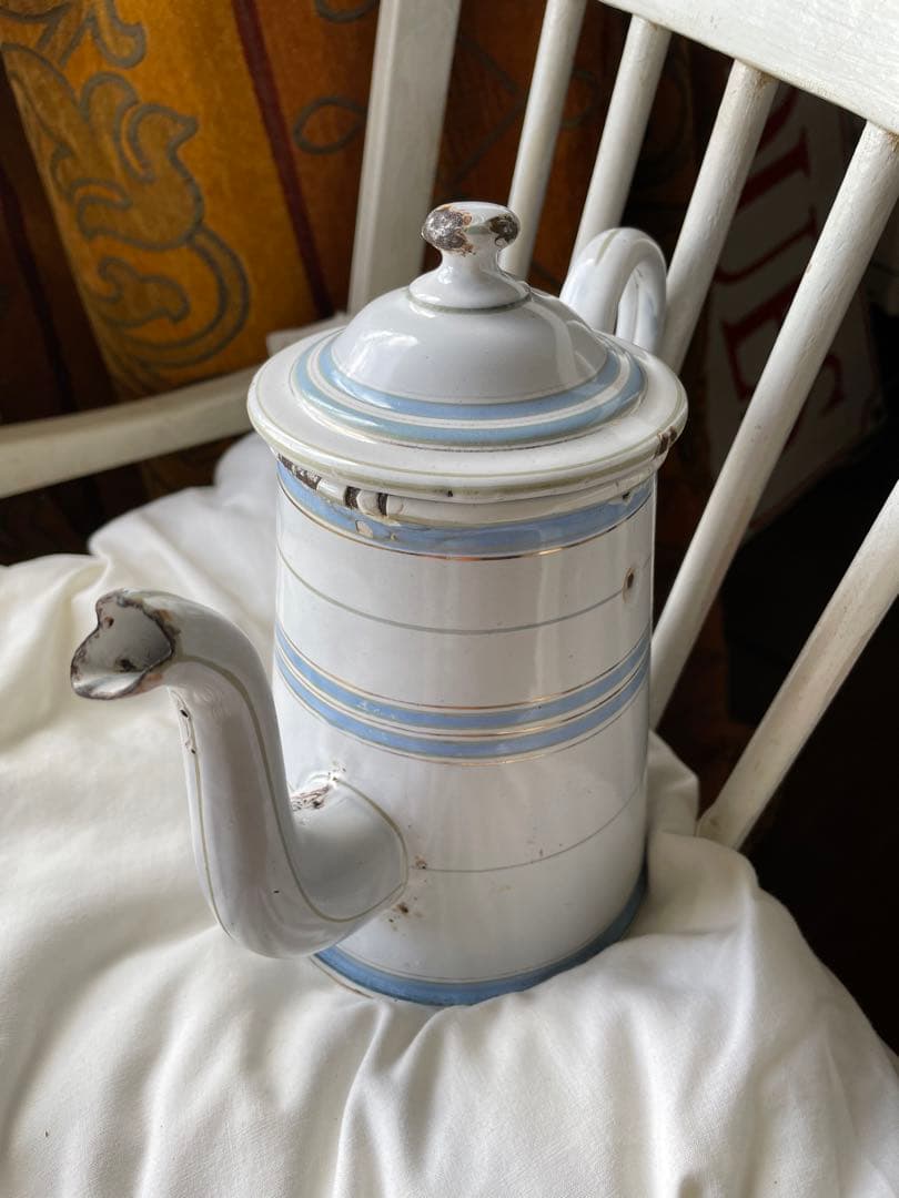 Kアンティーク　ホーロー　ポット　エトワール社　ライトブルー　ホワイト