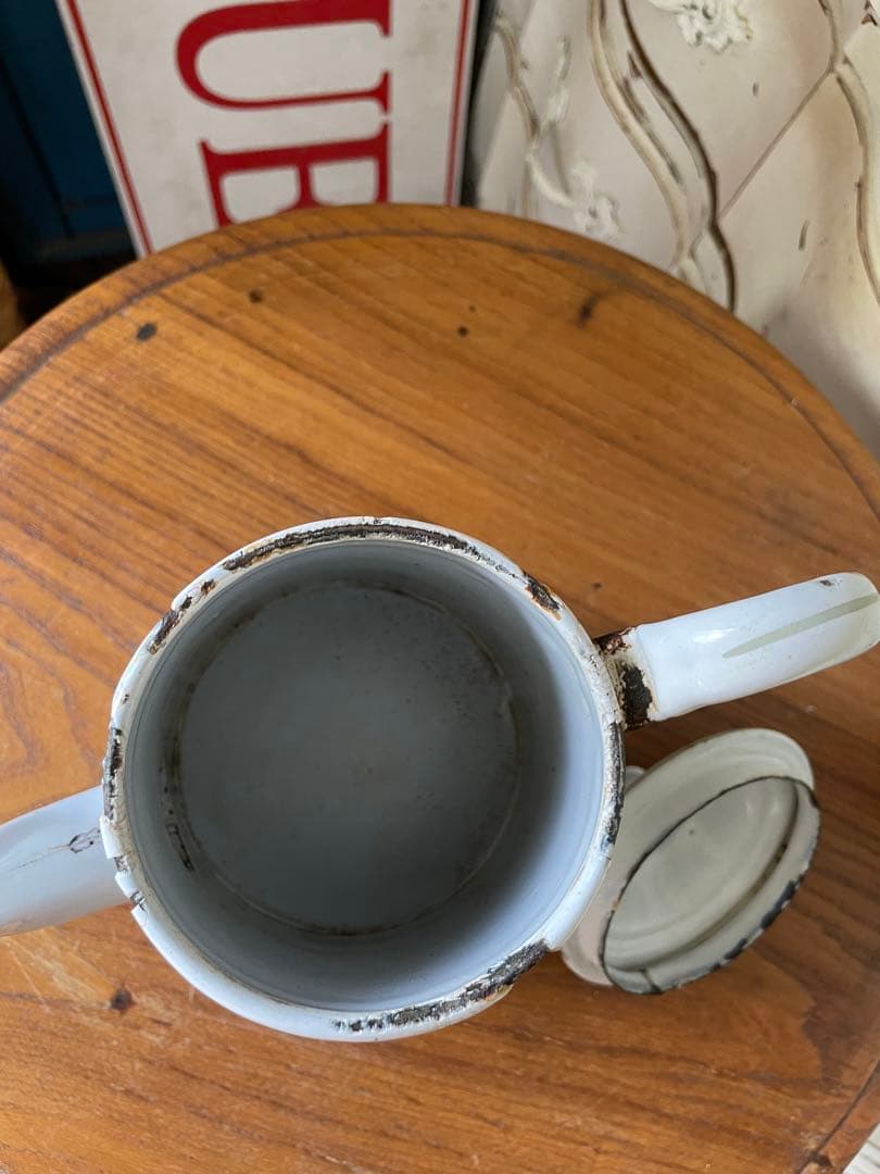 Kアンティーク　ホーロー　ポット　エトワール社　ライトブルー　ホワイト