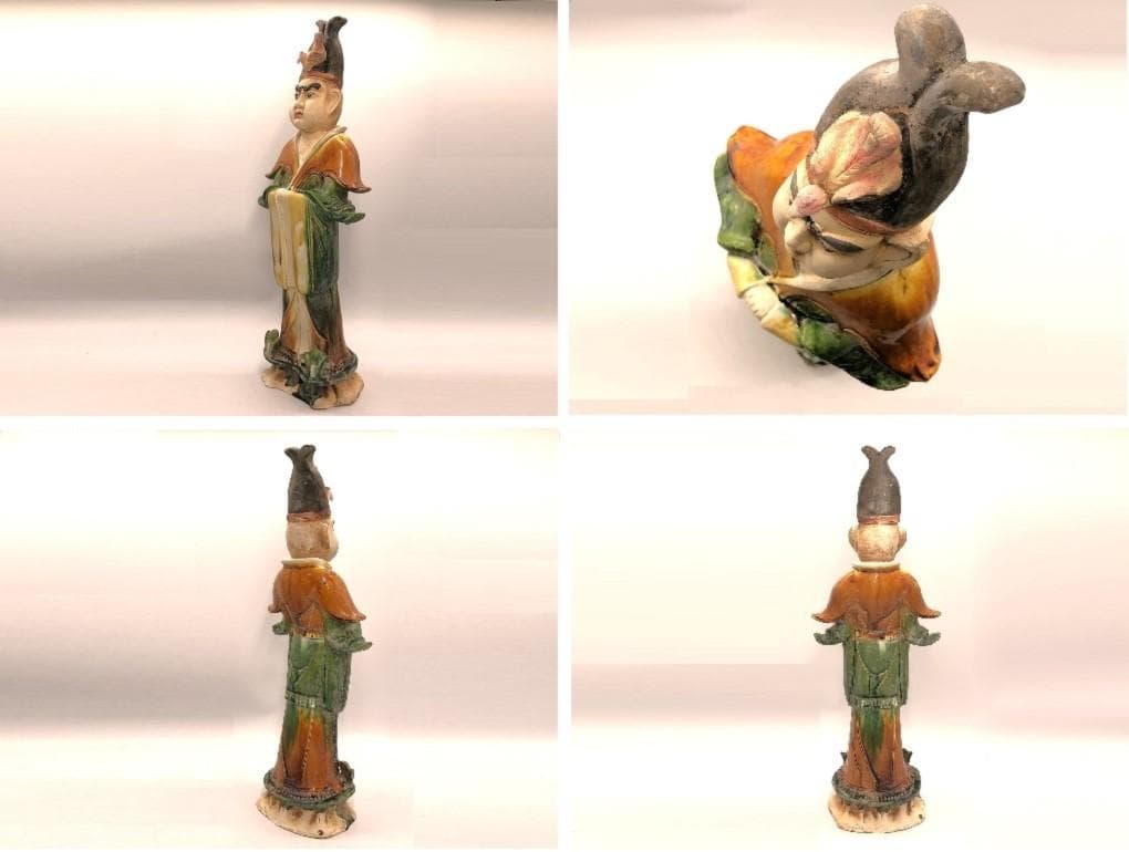 【 三彩人物俑 】 17～18世紀　大型陶俑　美品　56ｃｍ　誂え箱付き