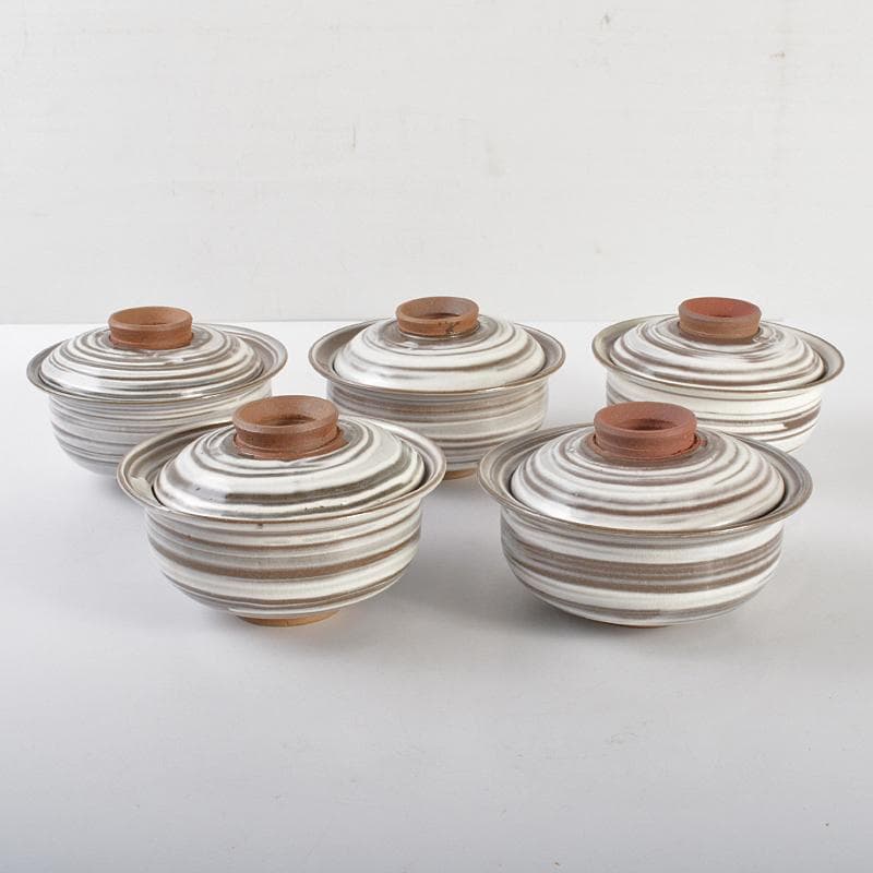 和食器　京焼　浅見五郎助　刷毛目　蓋向付　五客　共箱　V　R6729B