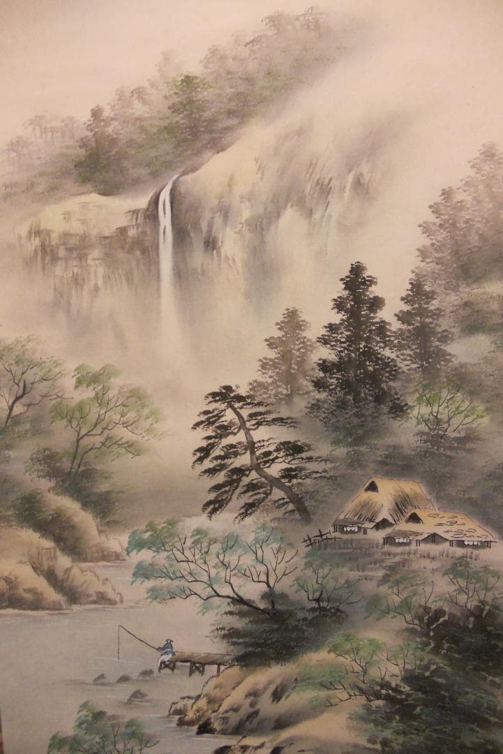 掛け軸 英仙 彩色山水 絹本 希少 軸装 茶道具 掛軸 美品 です。