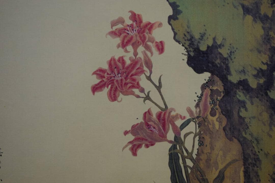 複製/熊代熊斐/桃樹山鵲図/工芸/布袋屋掛軸HF-464