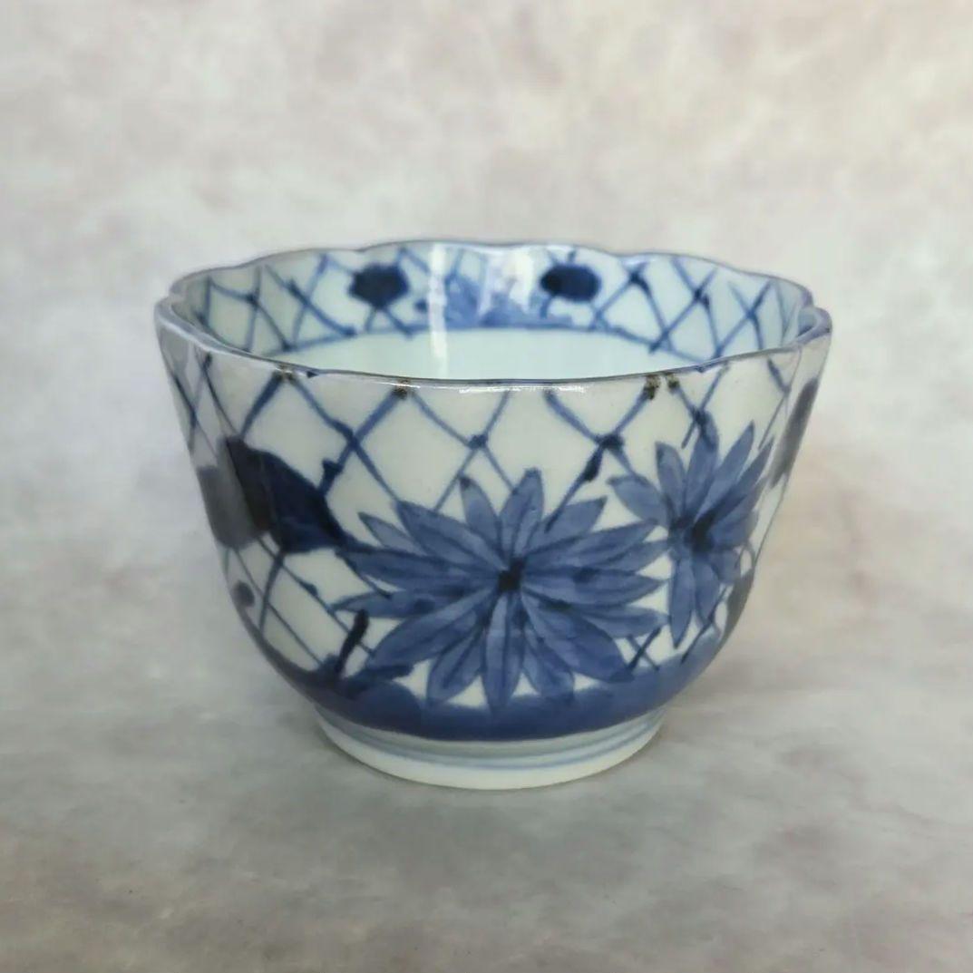 古伊万里　染付　向付　網手　菊花　蕎麦　猪口　江戸　骨董　金継ぎ　アンティーク