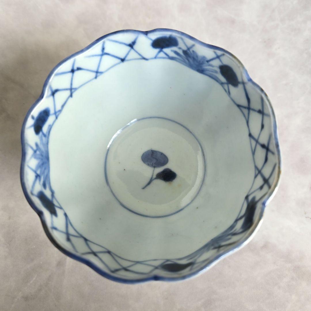 古伊万里　染付　向付　網手　菊花　蕎麦　猪口　江戸　骨董　金継ぎ　アンティーク