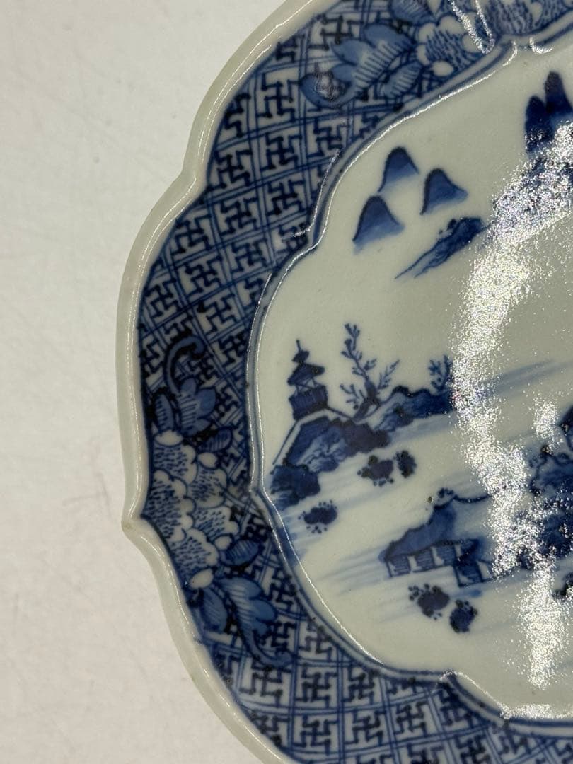 中国　染付　山水人物紋　菱型皿5点　玉玩製　送料込み251112