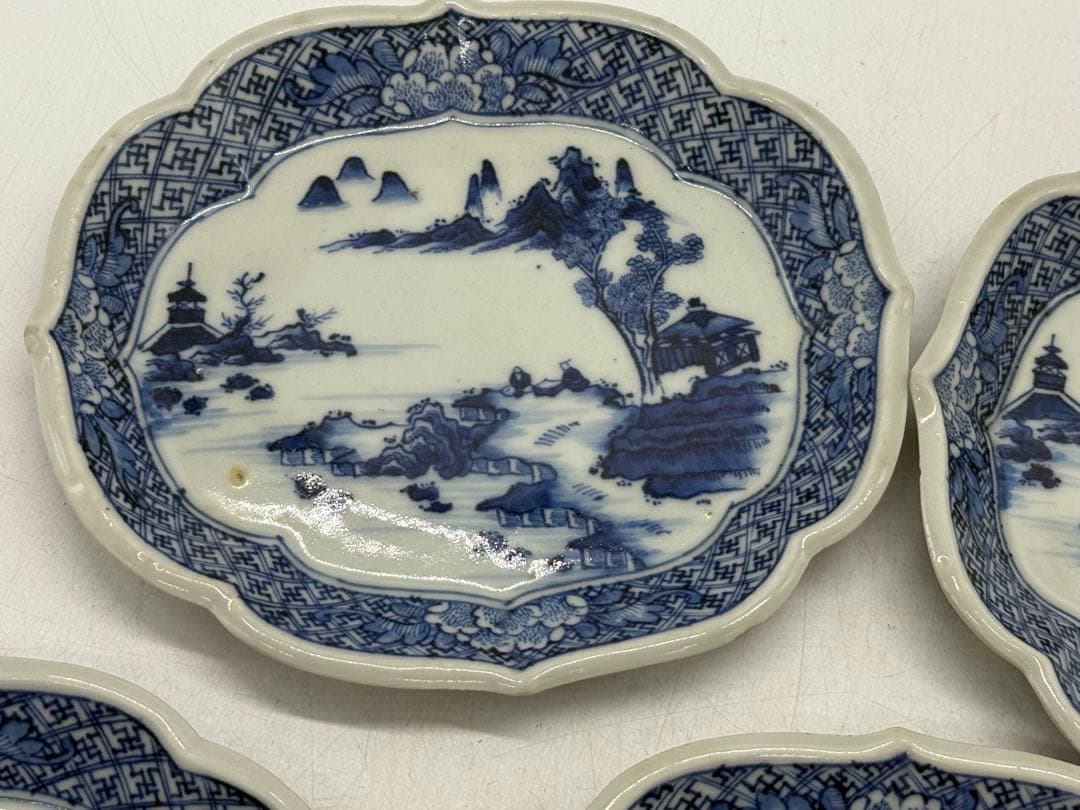 中国　染付　山水人物紋　菱型皿5点　玉玩製　送料込み251112