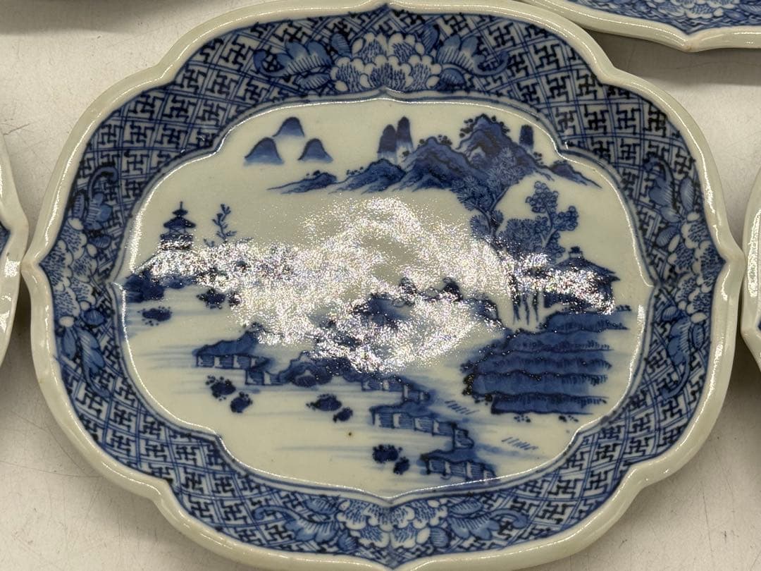 中国　染付　山水人物紋　菱型皿5点　玉玩製　送料込み251112