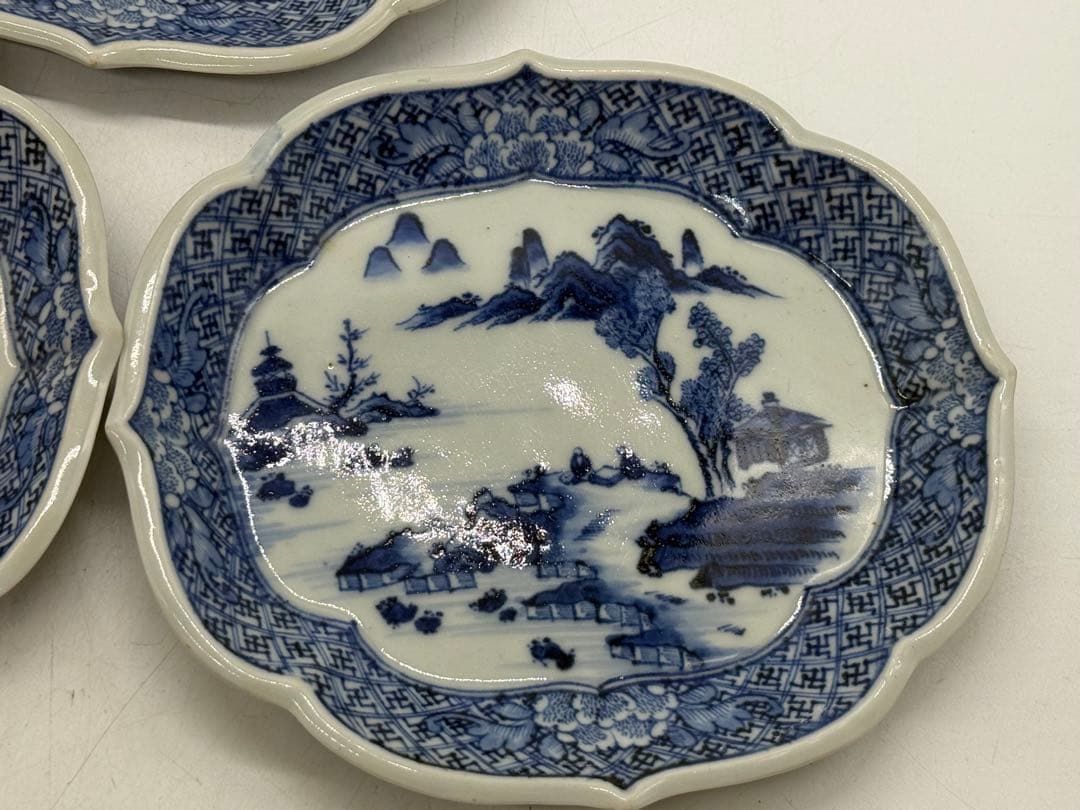 中国　染付　山水人物紋　菱型皿5点　玉玩製　送料込み251112