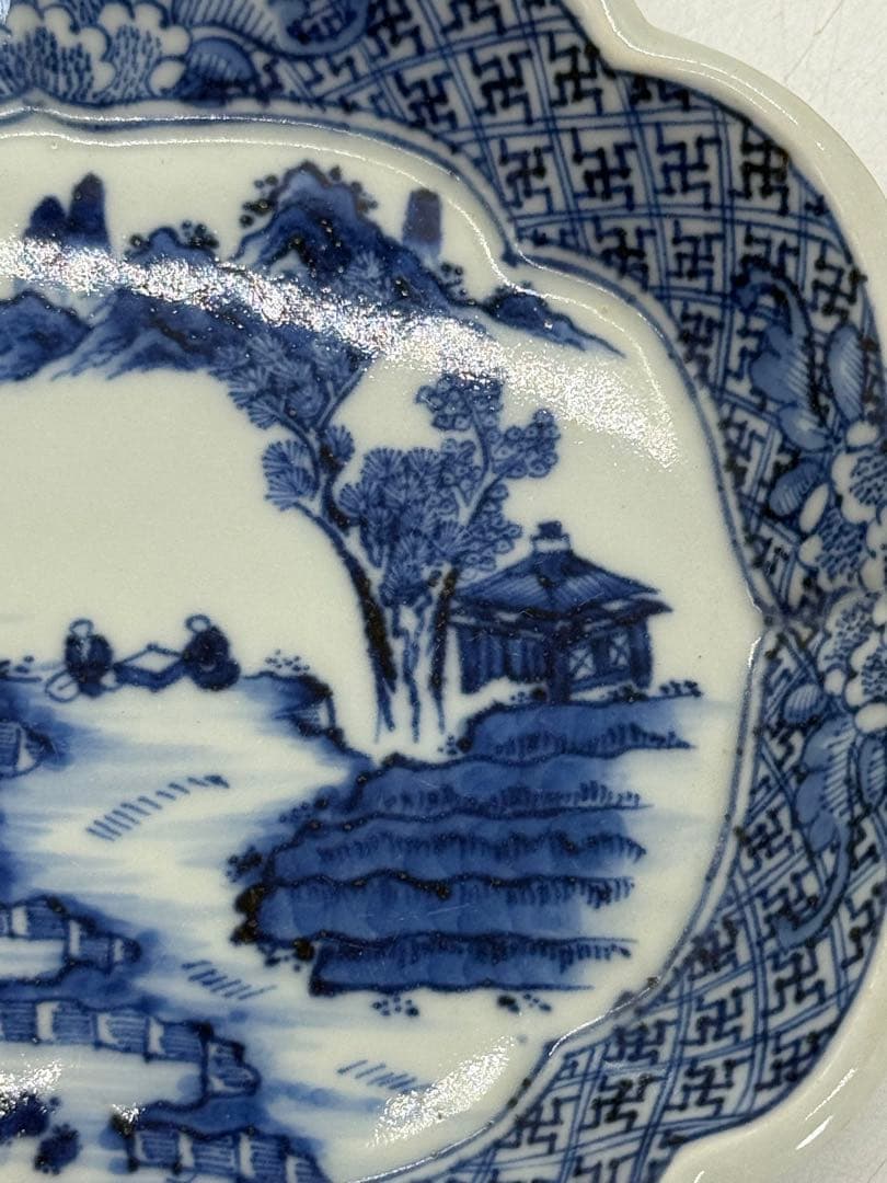 中国　染付　山水人物紋　菱型皿5点　玉玩製　送料込み251112