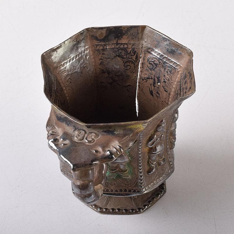 中国　唐物　人物刻　銀酒杯　爵　重さ約68ｇ　V　R8504