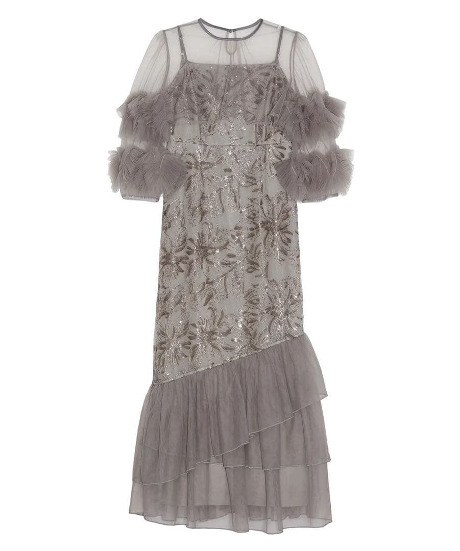 LEJA フラワースパンコールチュールフリルスリーブIラインワンピースドレス