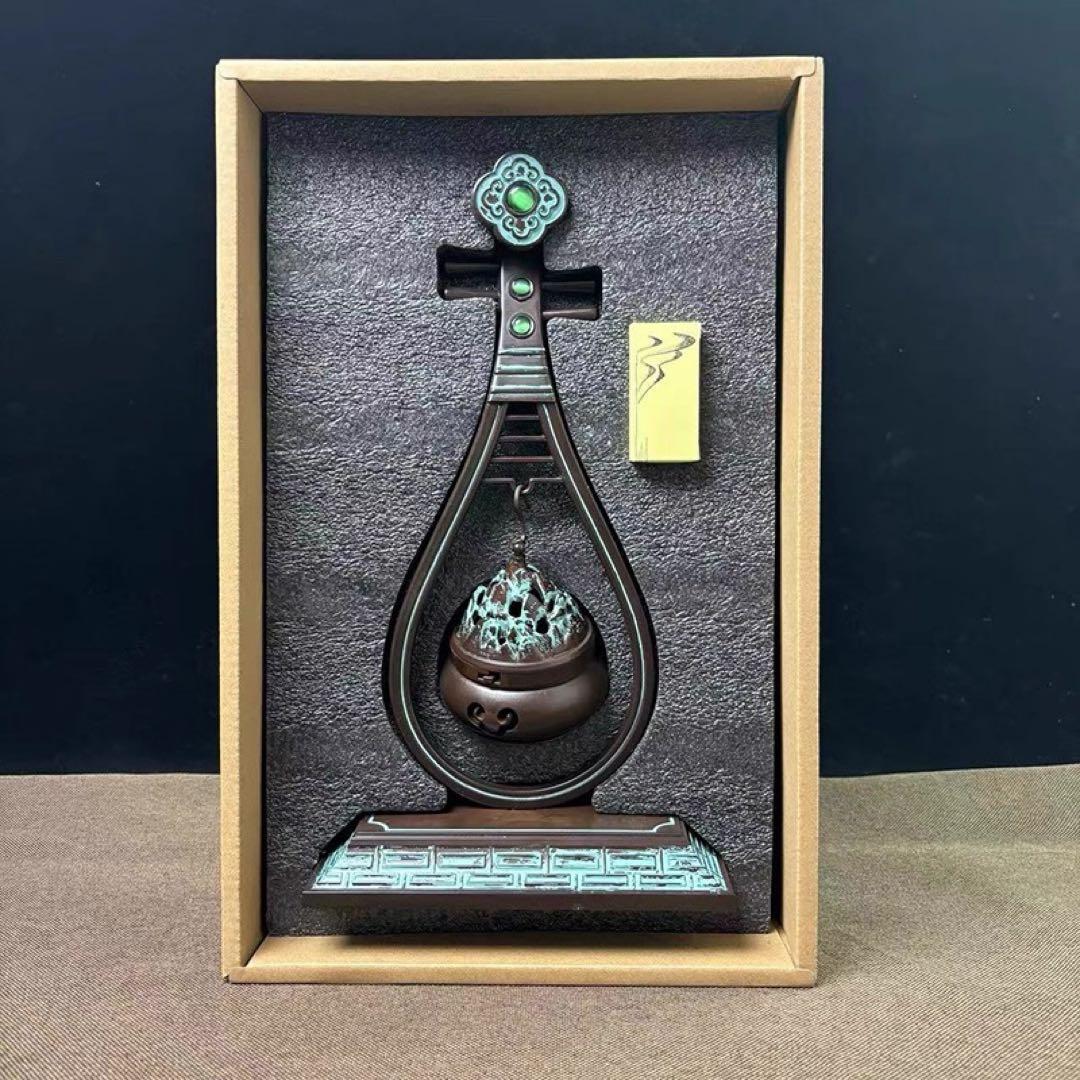 銅製 象嵌宝石琵琶弔炉 薫香炉 客間茶室掛炉 銅炉 美品 装飾品 工芸品 置物