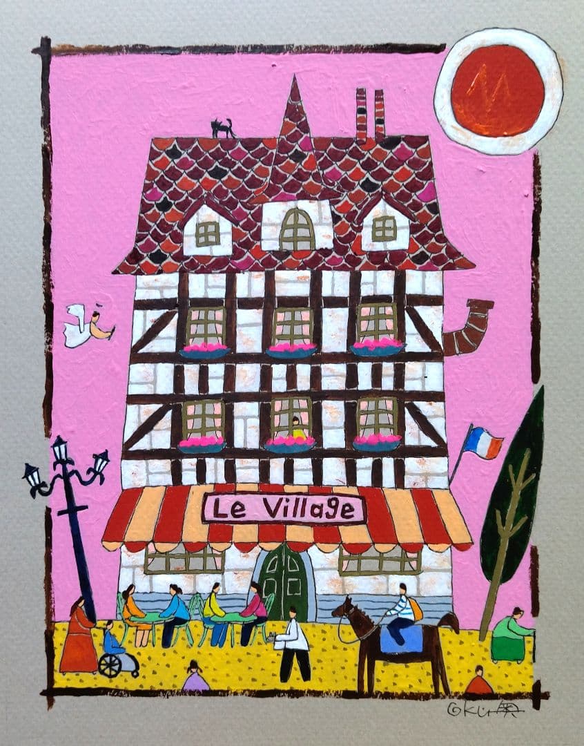 奥村ユズル　水彩画原画　ノルマンディーの小さなカフェ