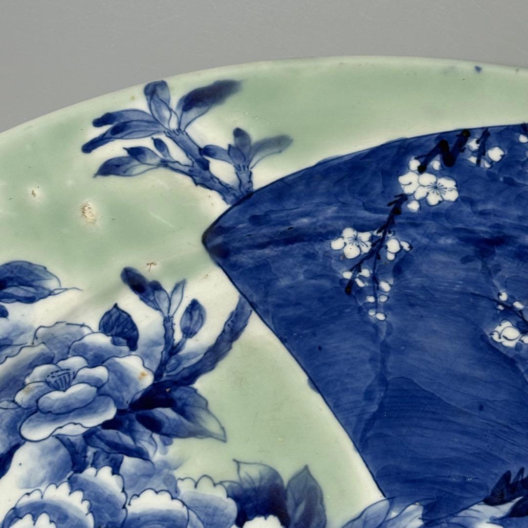 幕末〜明治期　青磁染付夜桜図楕円形大皿　牡丹文様　福　裏葡萄文様　48.6cm