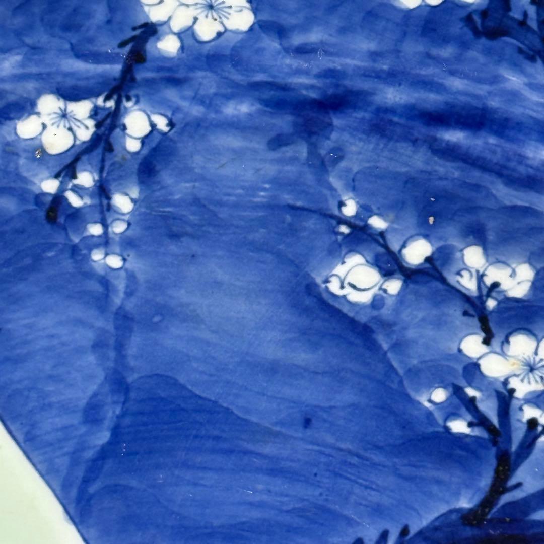 幕末〜明治期　青磁染付夜桜図楕円形大皿　牡丹文様　福　裏葡萄文様　48.6cm