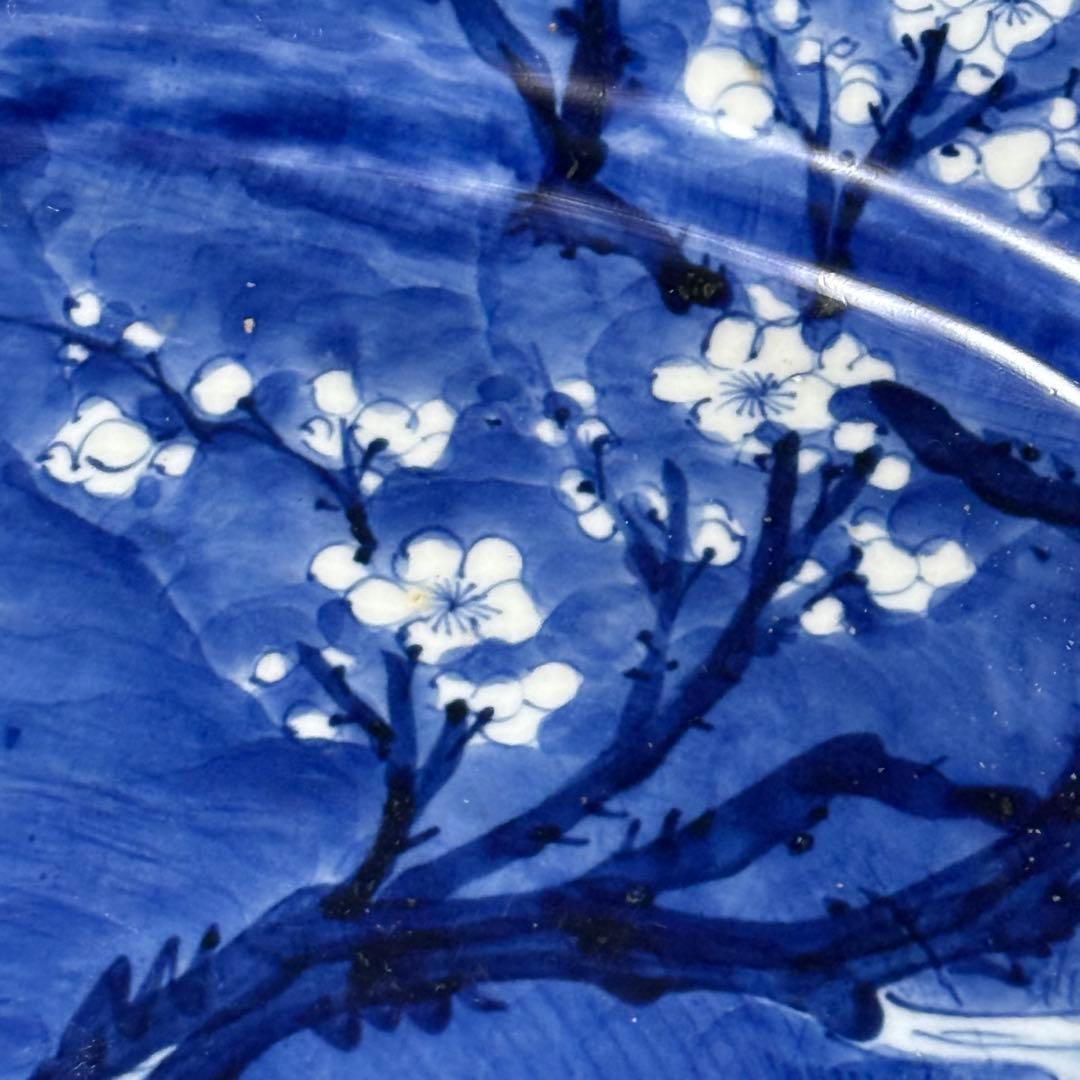 幕末〜明治期　青磁染付夜桜図楕円形大皿　牡丹文様　福　裏葡萄文様　48.6cm