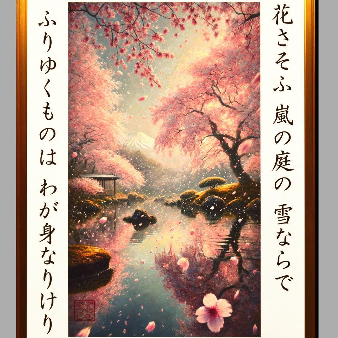 和紙にAIアート和歌日本桜富士山●がんどうあつし制作●A3パネル額装品7枚限定