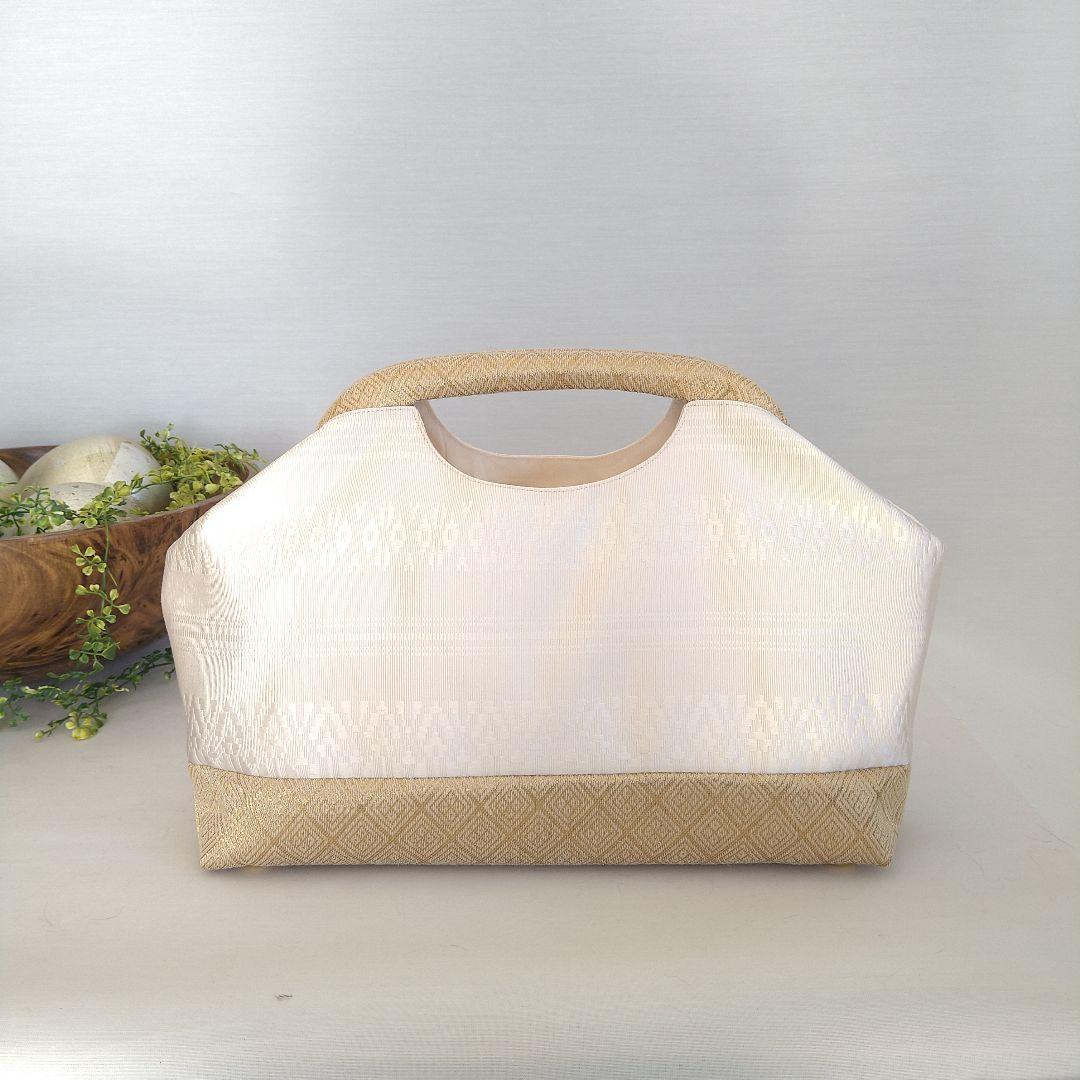 博多献上柄帯リメイク オフホワイト✕ゴールド バネハンドルバッグ