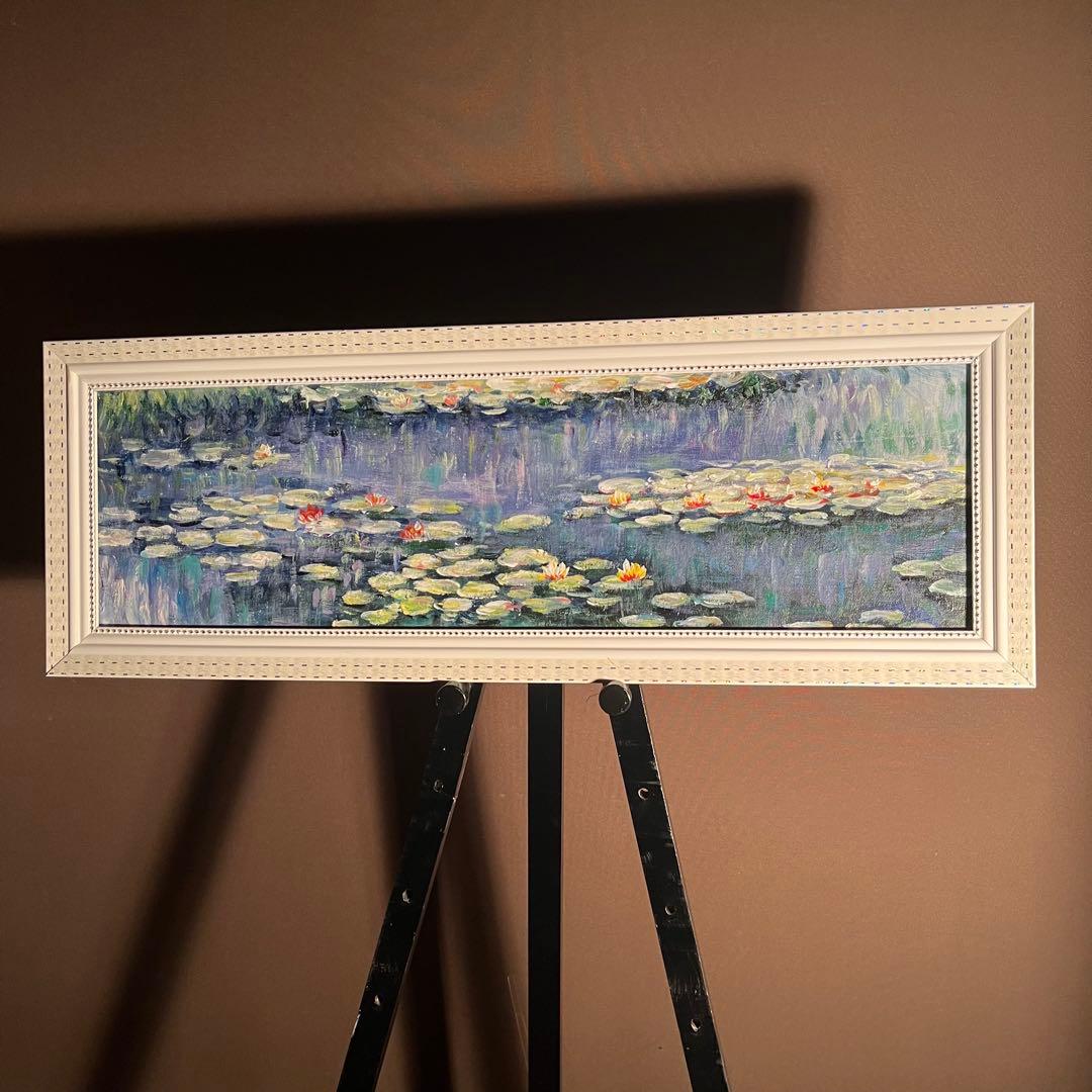 ★秀作★ 手書き油絵 モネ 睡蓮 額付 肉筆絵画 インテリア 油彩画