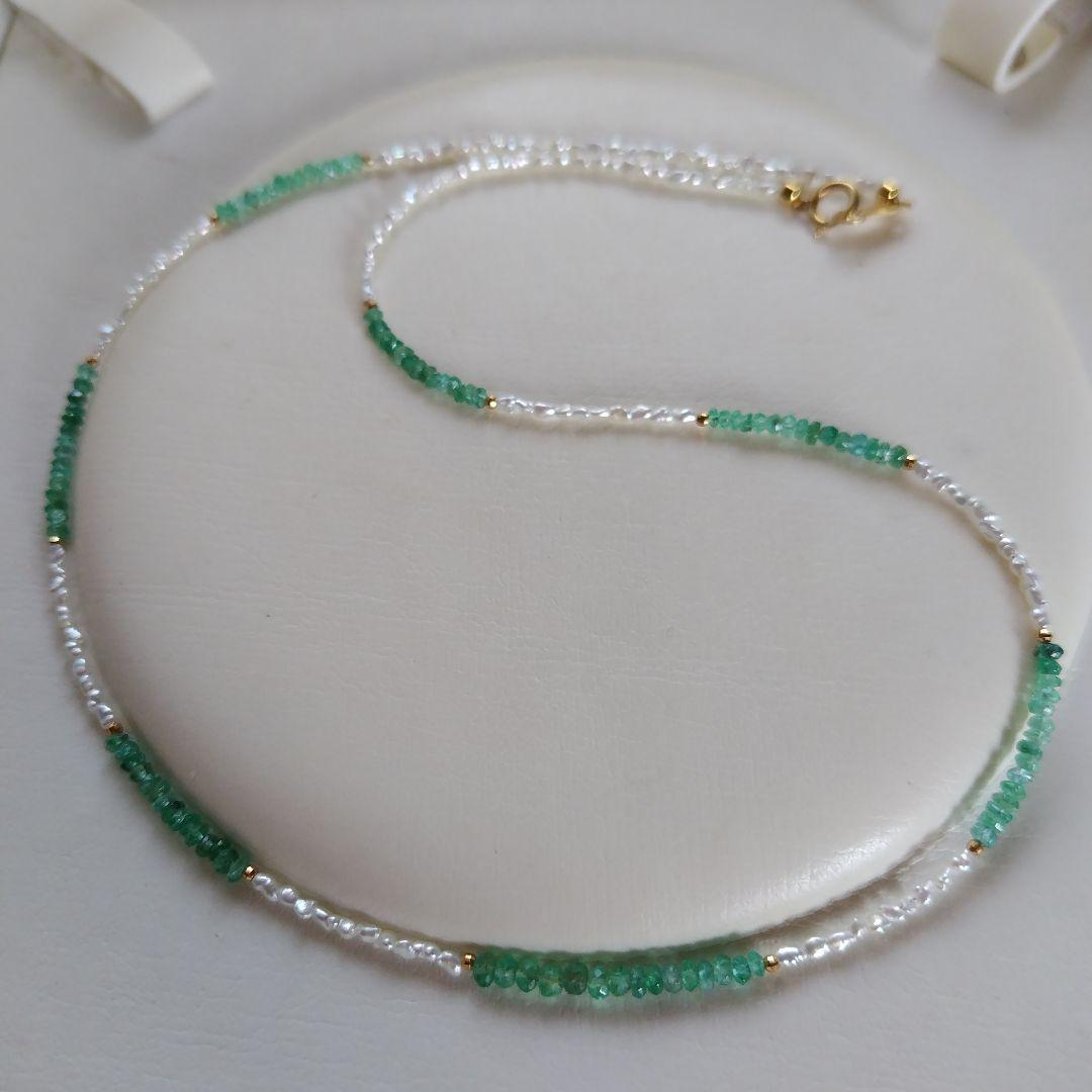 K18 エメラルド、あこや真珠芥子パール ネックレス