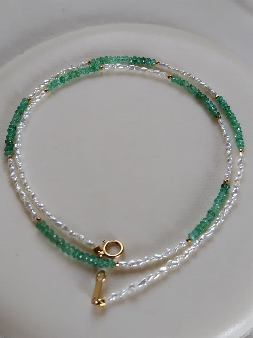 K18 エメラルド、あこや真珠芥子パール ネックレス