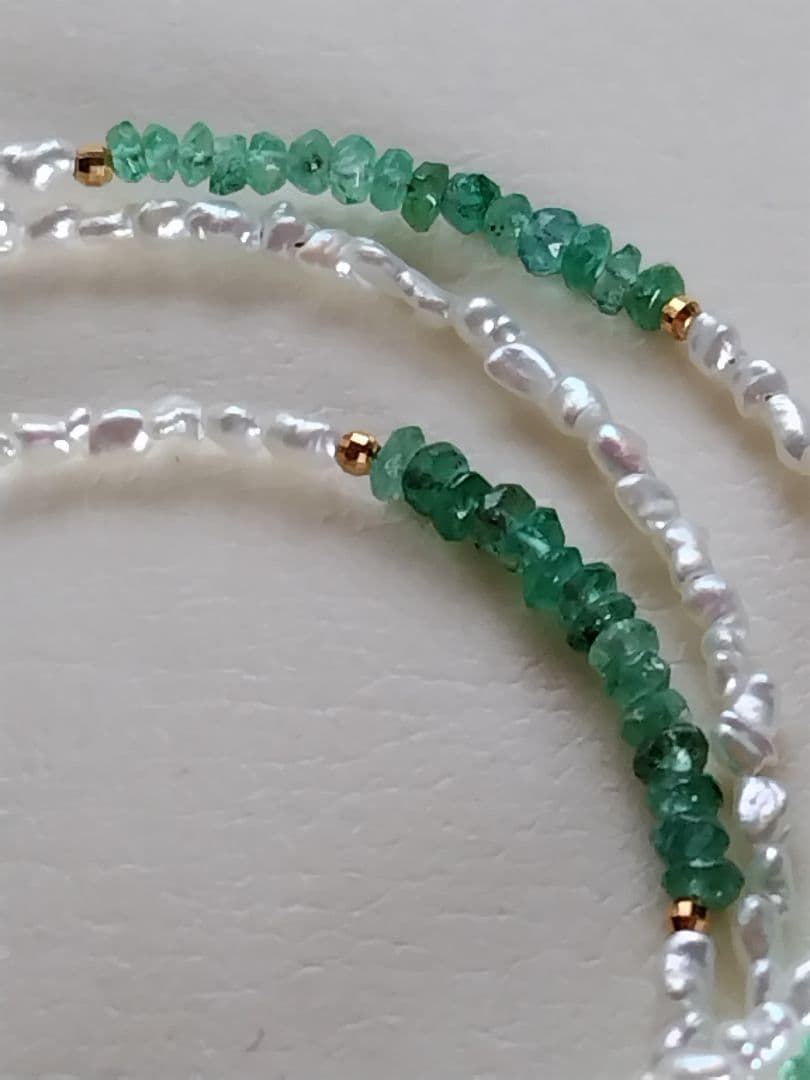 K18 エメラルド、あこや真珠芥子パール ネックレス