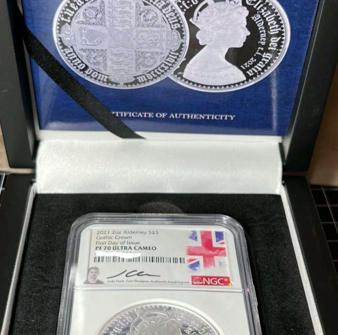 2オンスピエフォー2021年ゴチッククラウンPF70UCオルダニー銀貨NGC5£