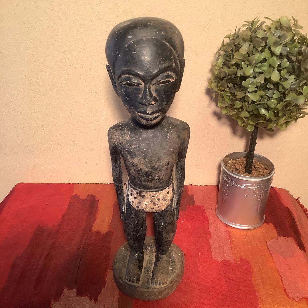 19世紀・コートジボワール「木彫・少年像」アフリカ・民族人形・コロン・木彫彩色