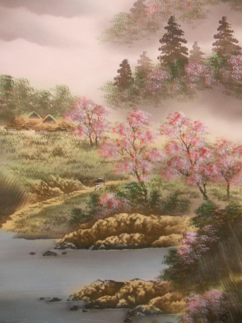 掛け軸 万峰 作 春山水 絹本 希少 軸装 茶道具 掛軸 美品 です。