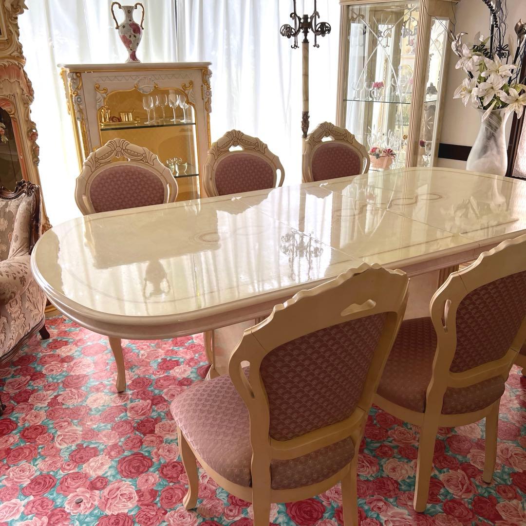k509 イタリア製 まるでプリンセスの食卓 ダイニングセット 6人掛け ピンク