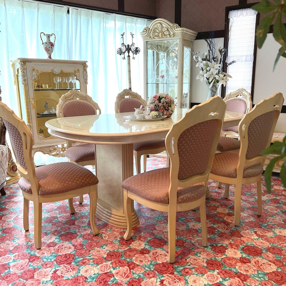 k509 イタリア製 まるでプリンセスの食卓 ダイニングセット 6人掛け ピンク