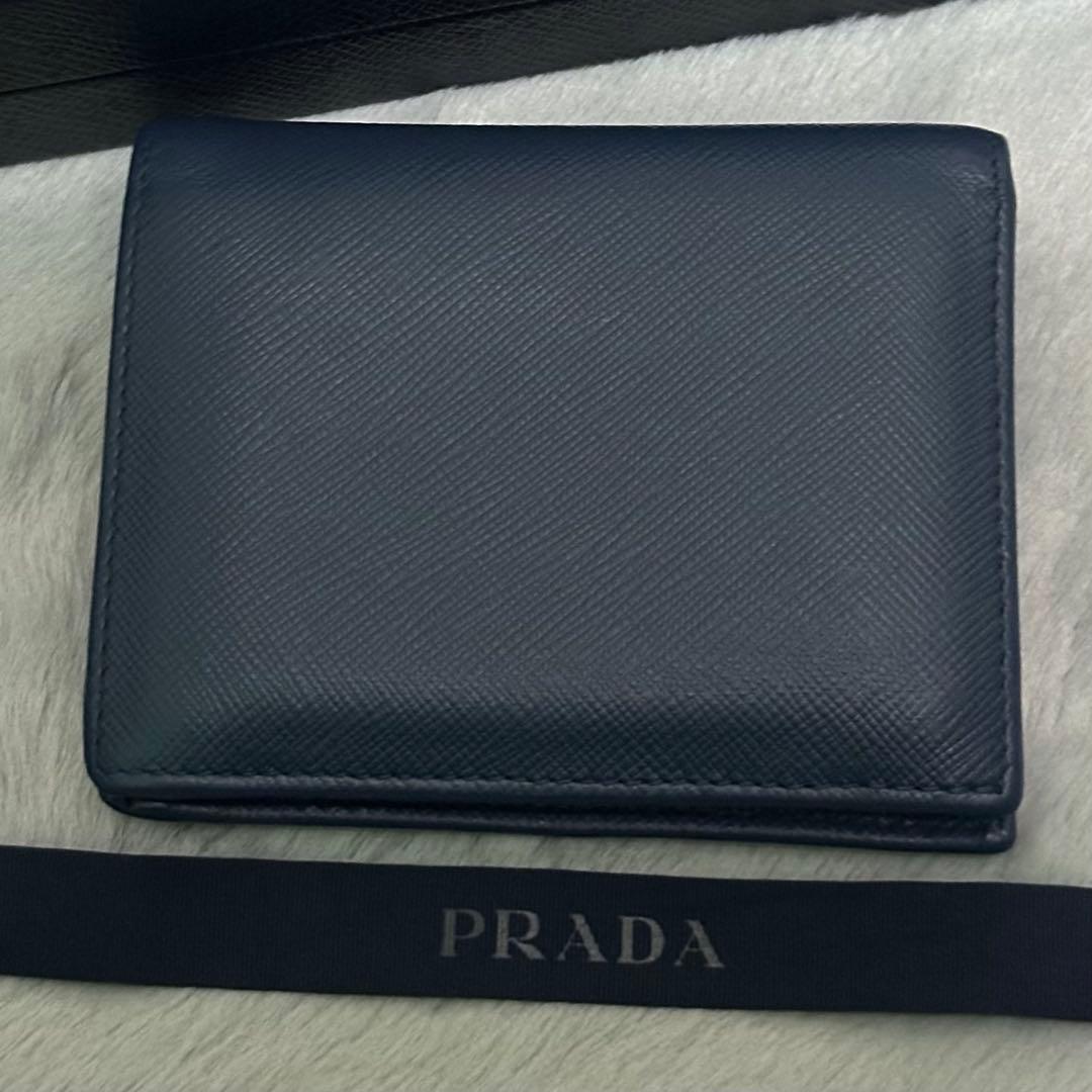 PRADA プラダ　折り財布　ゴールドロゴ　ブルー　サフィアーノレザー