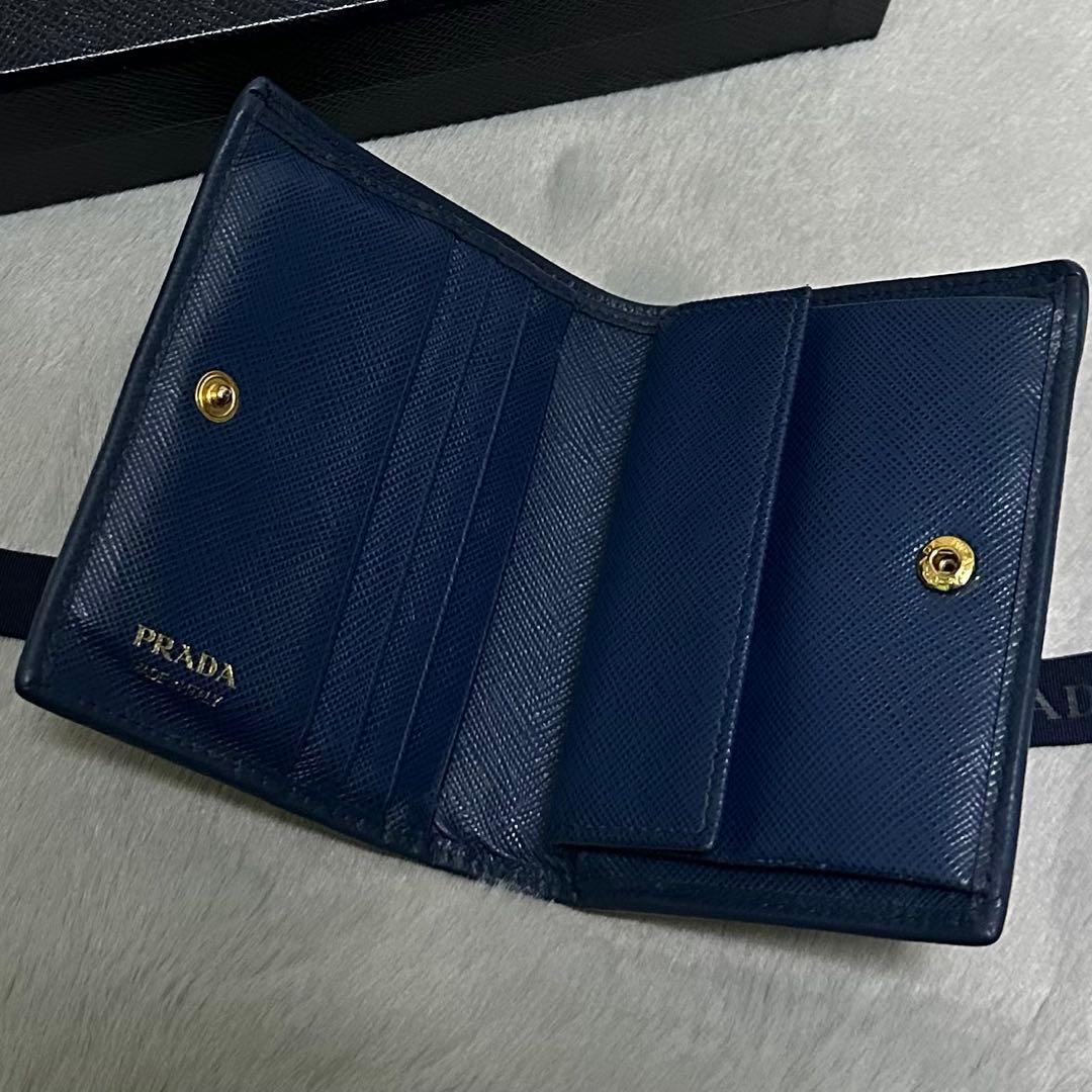 PRADA プラダ　折り財布　ゴールドロゴ　ブルー　サフィアーノレザー