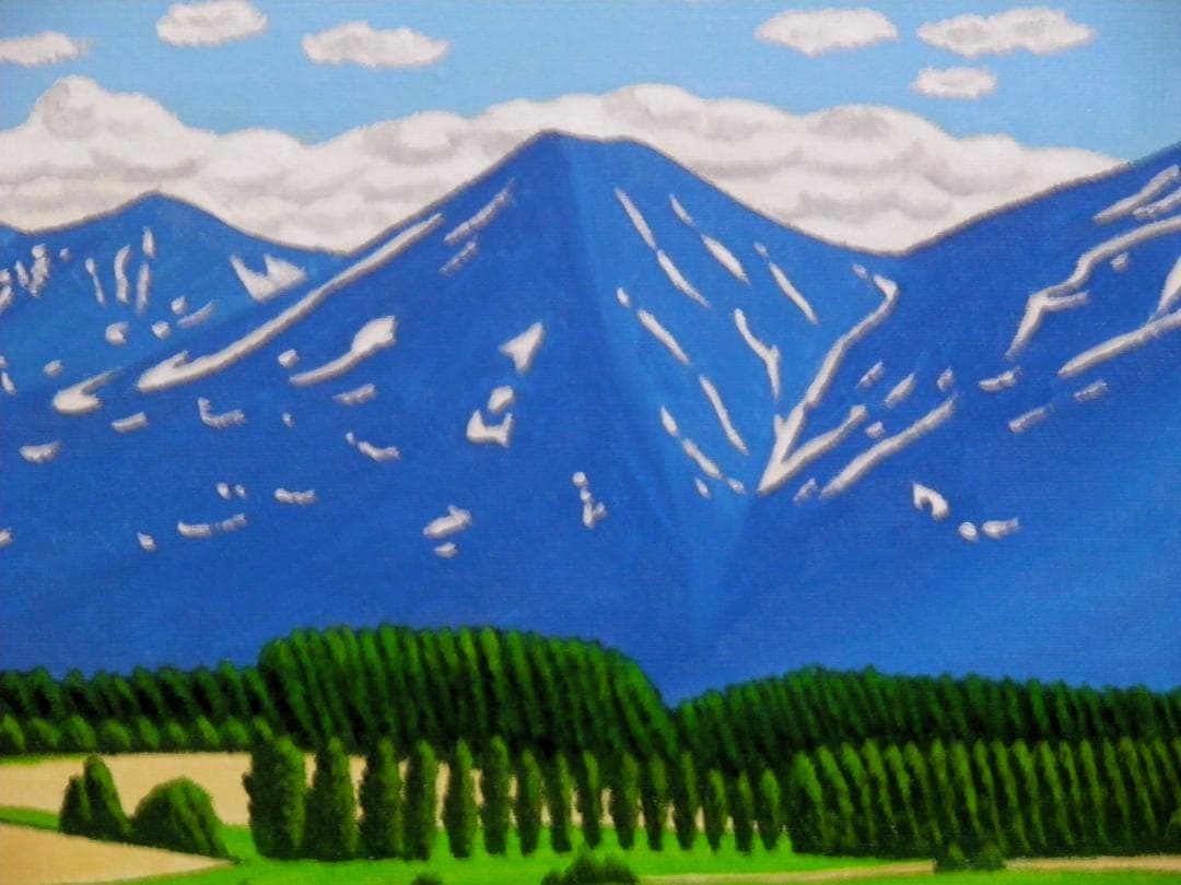 ★十勝連峰と赤い屋根の家・肉筆油彩画・F6キャンバス