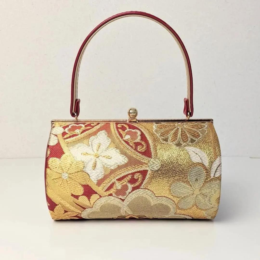 草履バッグセット 振袖用 帯地 赤 金 古典 フリーサイズ w49-5