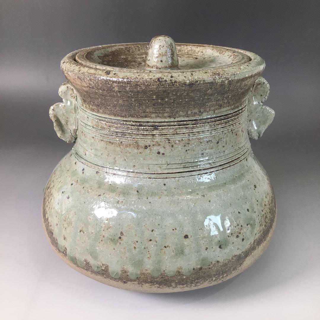 Ｒ８８７　水指　『温品焼』『本多康彦造』『耳付』『窯変水指』　共箱　茶道具