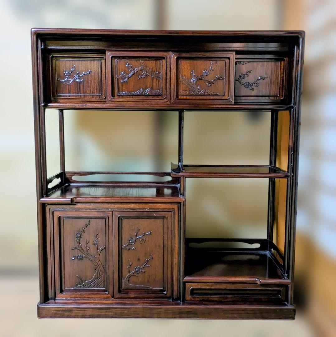 紫檀 違棚 飾棚 茶道具 透かし彫り
